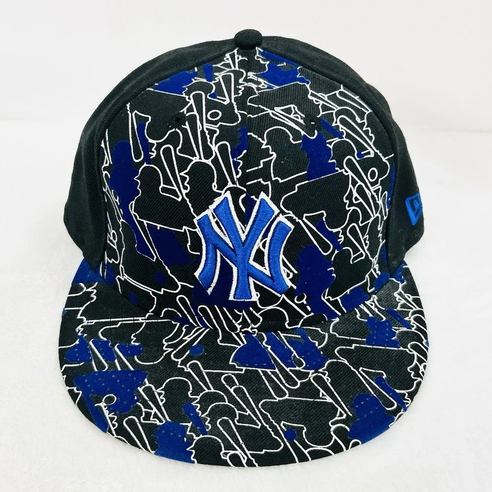 New Era New York Yankees MLB Logo Pattern 59FIFTY Fitted Hat Cap 7 3/8 Black‎